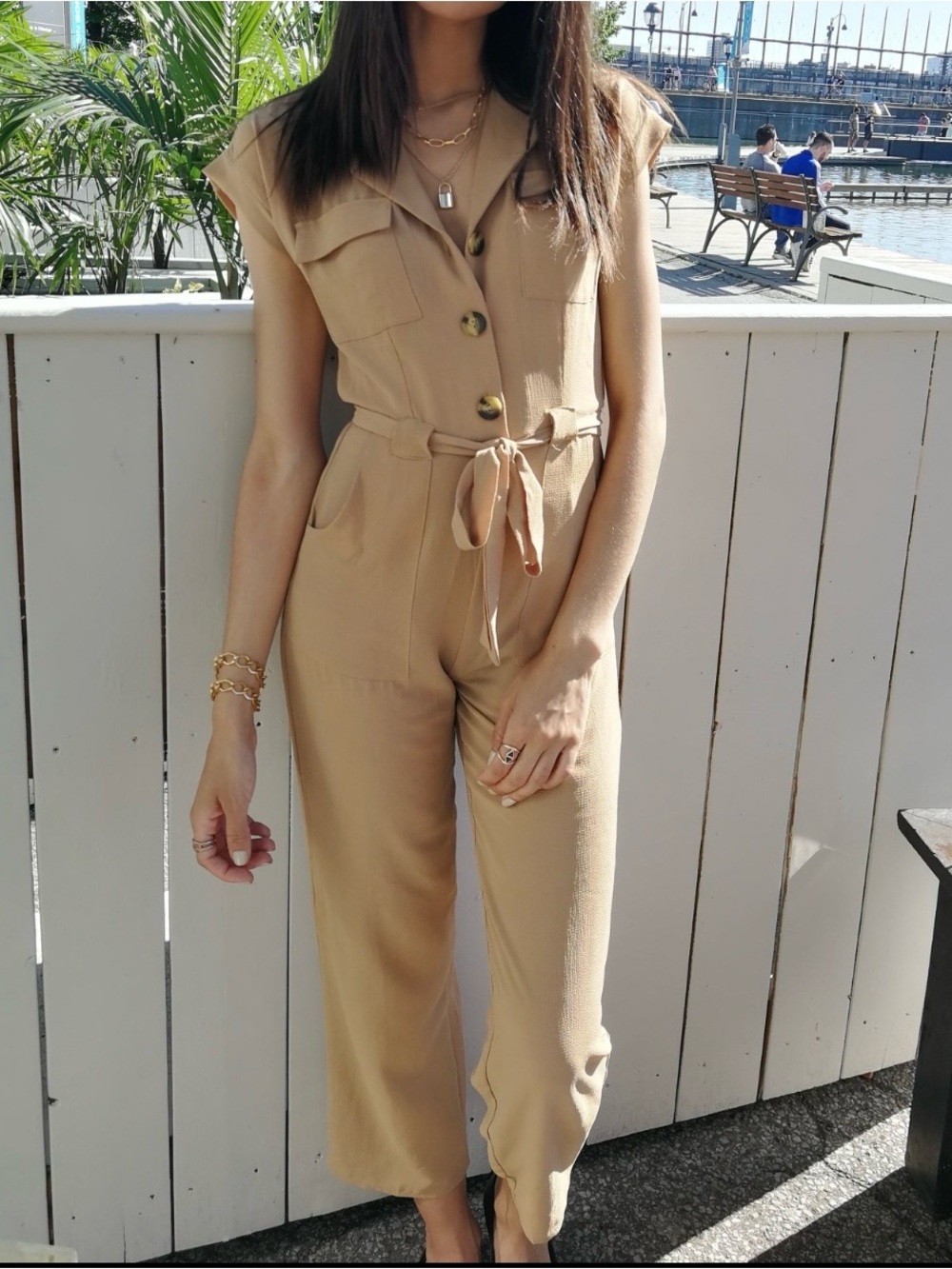Monteau Sleeveless Tie-Waist Jumpsuit in Tan